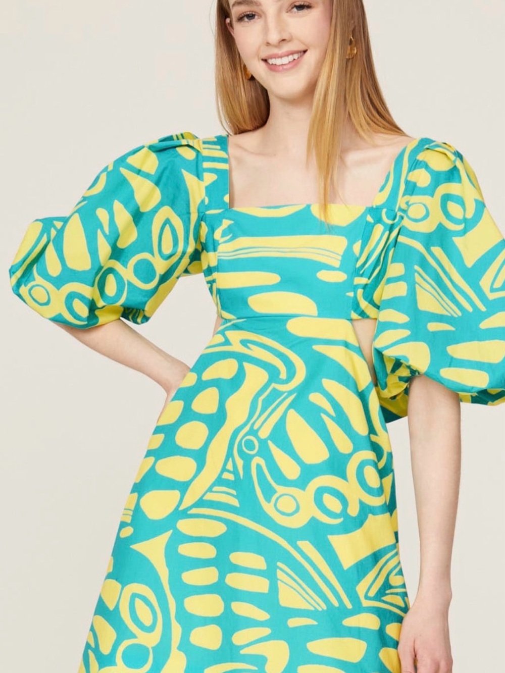 Alexis Turquoise and Yellow Puff-Sleeve Mini Dress